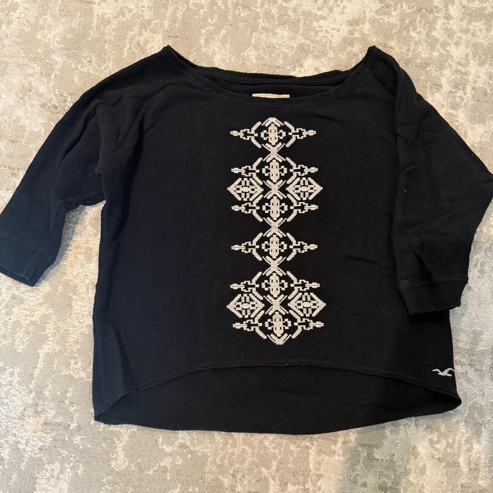 Hollister Black Top with White Embroidered Pattern